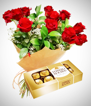Da de la Primavera - Combo Pareja Perfecta: Bouquet de 12 Rosas y Chocolates