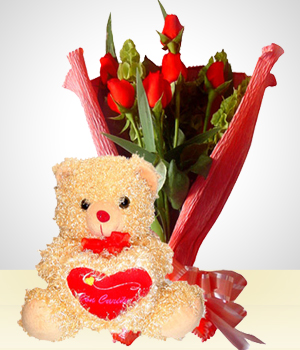 Globos y Peluches - Combo Romance: Bouquet de 6 rosas + Peluche